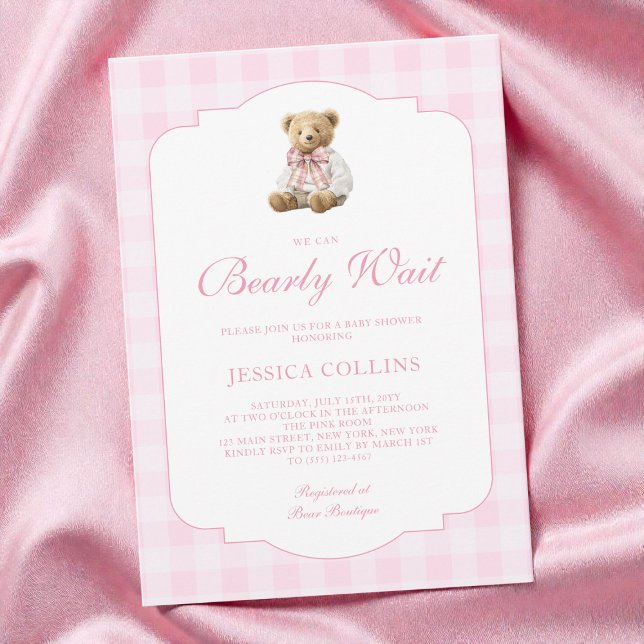 Invitation Pink Gingham Girl We Can Bearly Wait Baby Shower (Pink Gingham Girl We Can Bearly Wait Baby Shower Invitation)