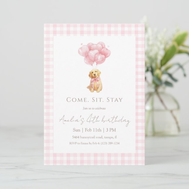 Invitation Pink Gingham Golden Retriever Puppy Birthday (Debout devant)