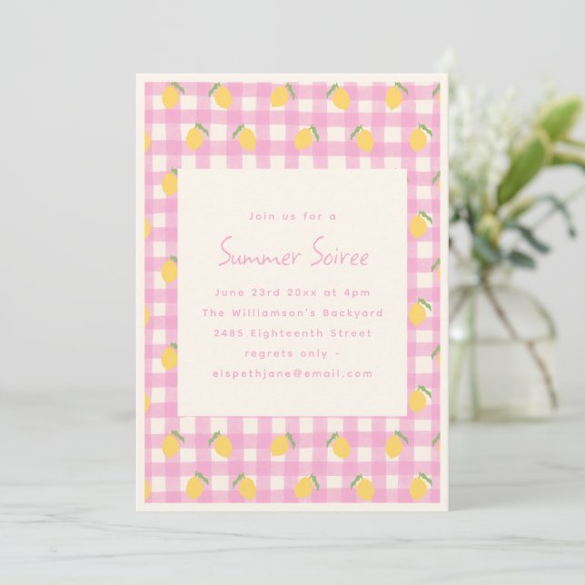 Invitation Pink Gingham Lemon Fruit Summer Soiree Party  (Debout devant)