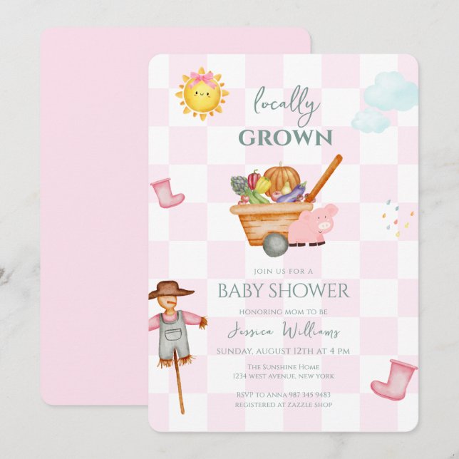 Invitation Pink Gingham Locally grown Farmer Baby Shower (Devant / Derrière)