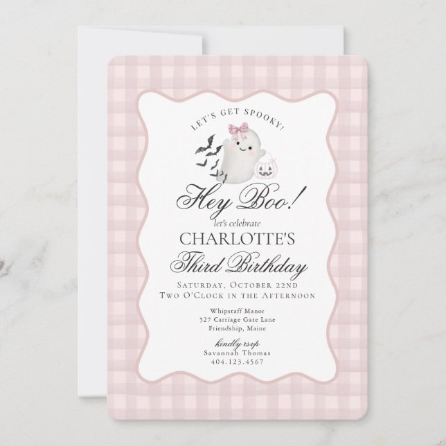 Invitation Pink Gingham Preppy Ghost Hey Boo Birthday (Devant)