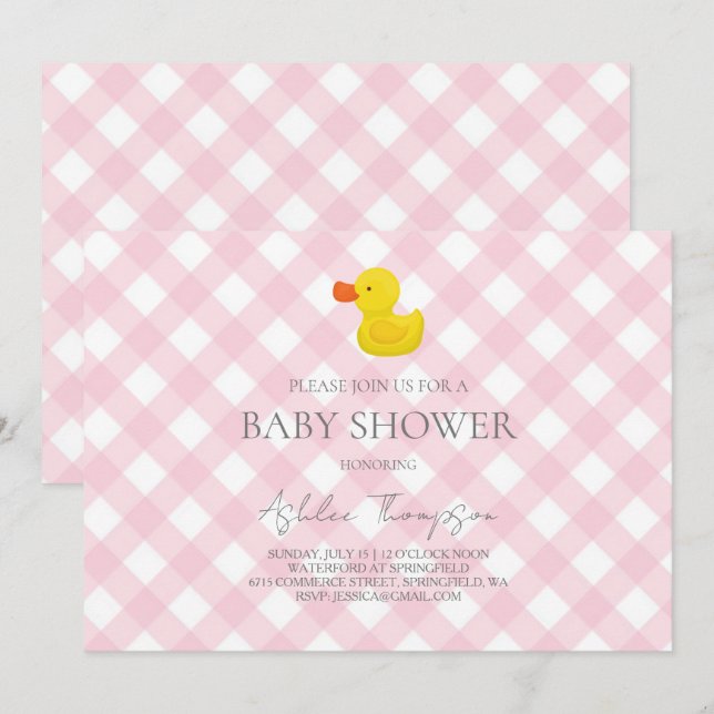 Invitation Pink Gingham Rubber Duckie Baby Shower (Devant / Derrière)