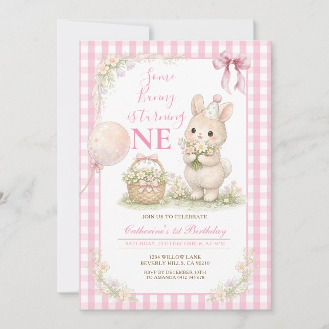 Invitation Pink Gingham Some Bunny Is Turning One Birthday (Devant)