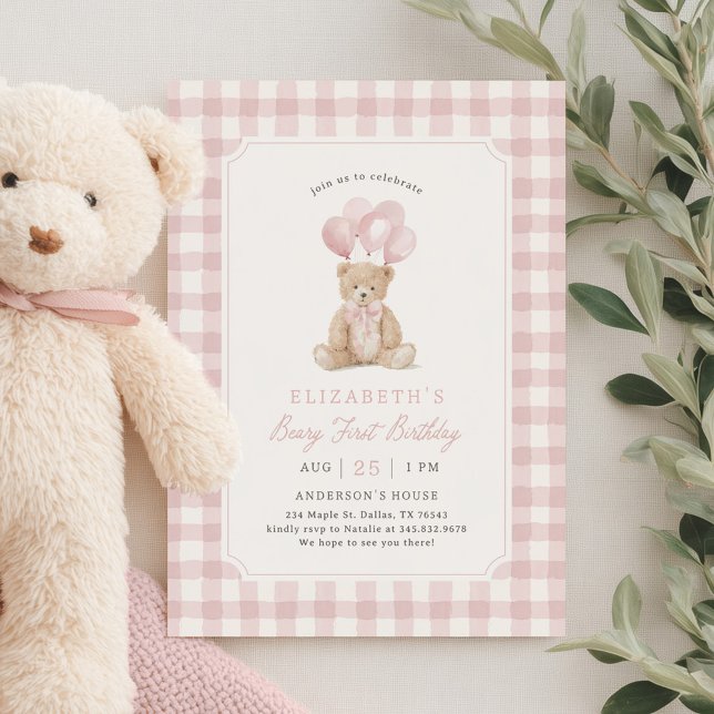 Invitation Pink Gingham Teddy Bear Beary First Birthday (Créateur téléchargé)