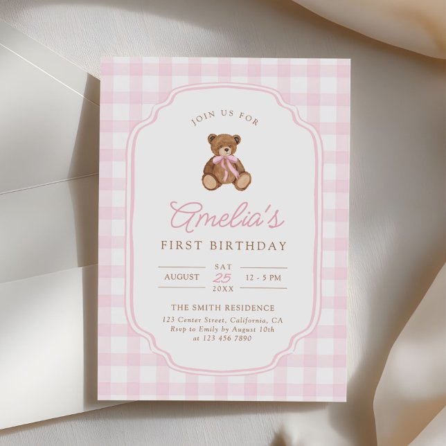 Invitation Pink Gingham Teddy Bear Beary First Birthday (Créateur téléchargé)