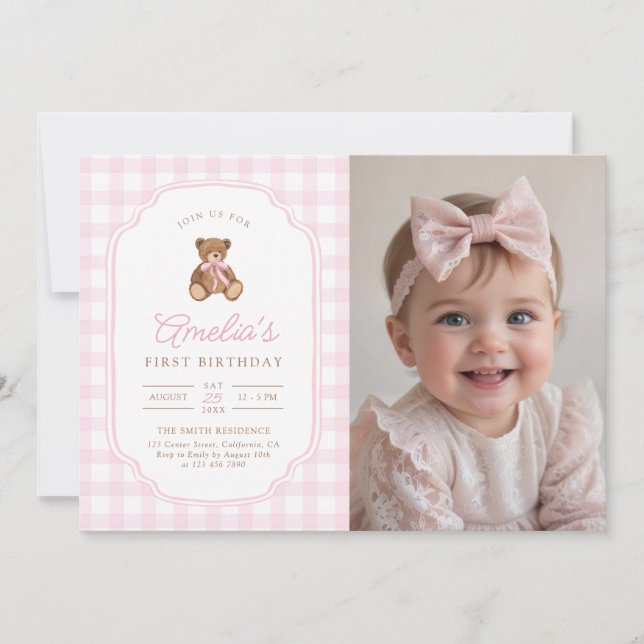 Invitation Pink Gingham Teddy Bear Beary First Birthday Photo (Devant)