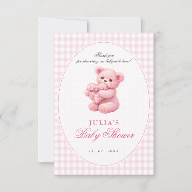 Invitation Pink Gingham Teddy Bear Neutral Baby Shower (Devant)