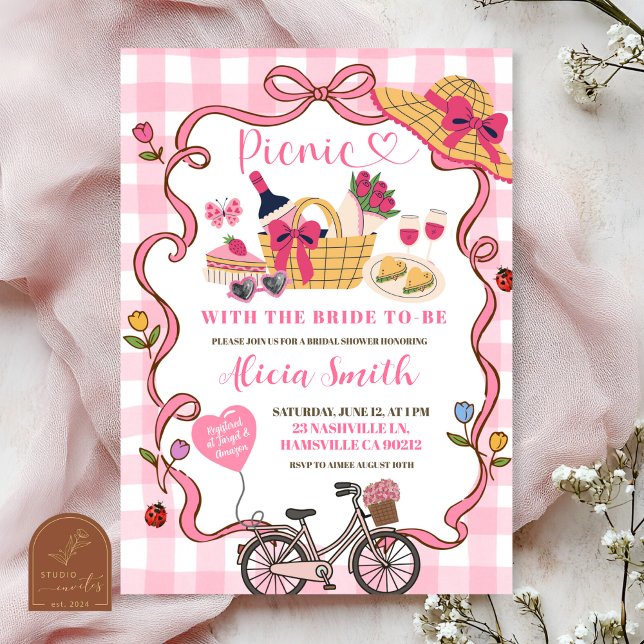 Invitation  Pink Gingham Whimsical Picnic Bridal Shower Invit (Créateur téléchargé)