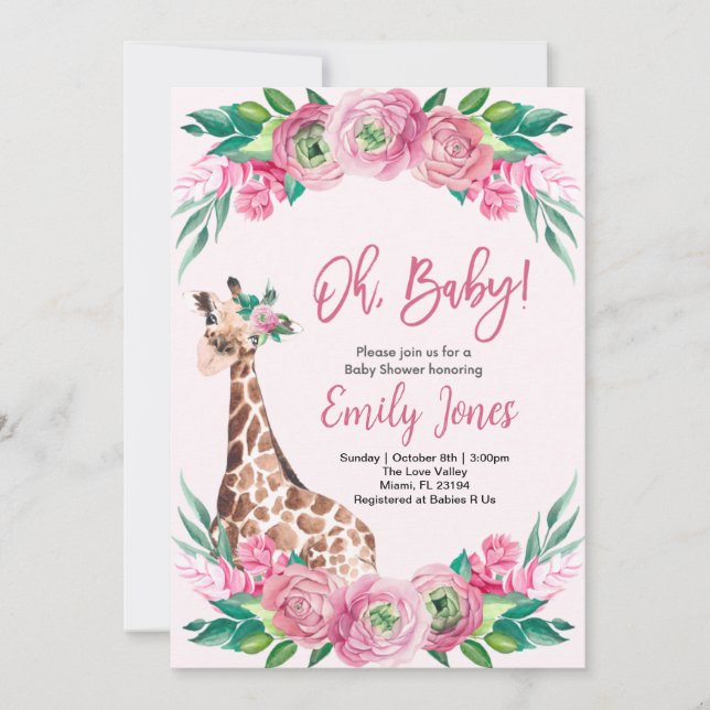 Invitation Pink Giraffe Floral Baby Shower (Devant)