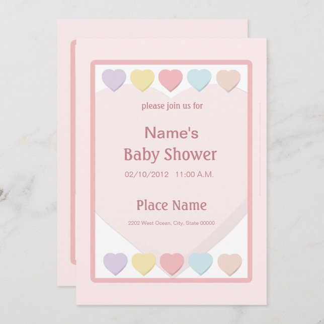Invitation Pink Girl Baby shower Pastel Hearts (Devant / Derrière)