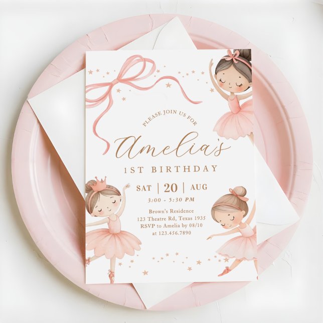 Invitation Pink Girl Ballerina 1st Birthday Party (Créateur téléchargé)