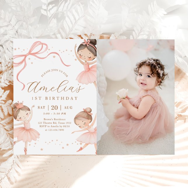 Invitation Pink Girl Ballerina 1st Birthday Party Photo (Créateur téléchargé)