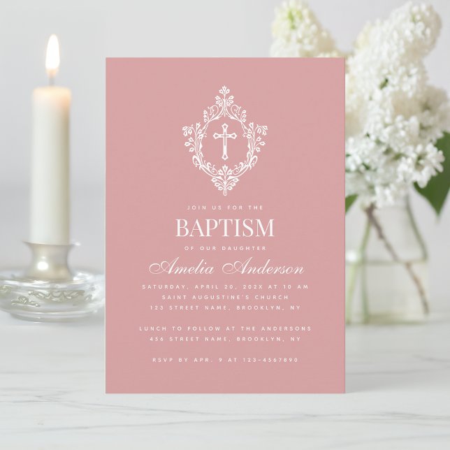 Invitation Pink Girl Baptism Cross & Crest Elegant Dusty Rose (Créateur téléchargé)