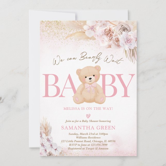 Invitation Pink Girl Bear Boho Baby Shower (Devant)