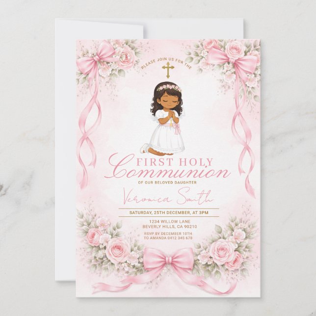 Invitation  Pink Girl Bow Floral First Holy Communion (Devant)