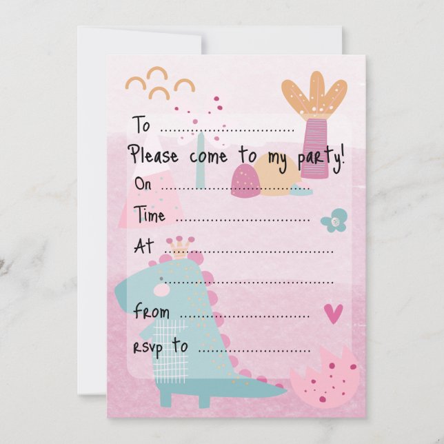 Invitation Pink Girl Dino Birthday Party Fill--In (Devant)