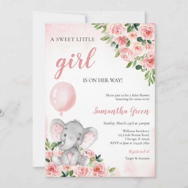 Invitation Pink Girl Elephant Baby Shower (Devant)