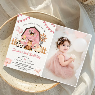 Invitation Pink Girl Farm Animaux 2e anniversaire de fête Pho