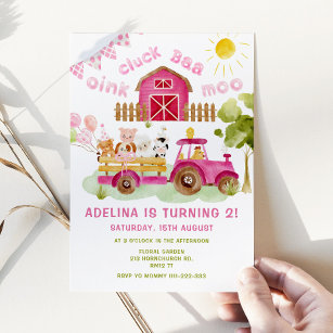 Invitation Pink girl Farm animaux fête de 2e anniversaire