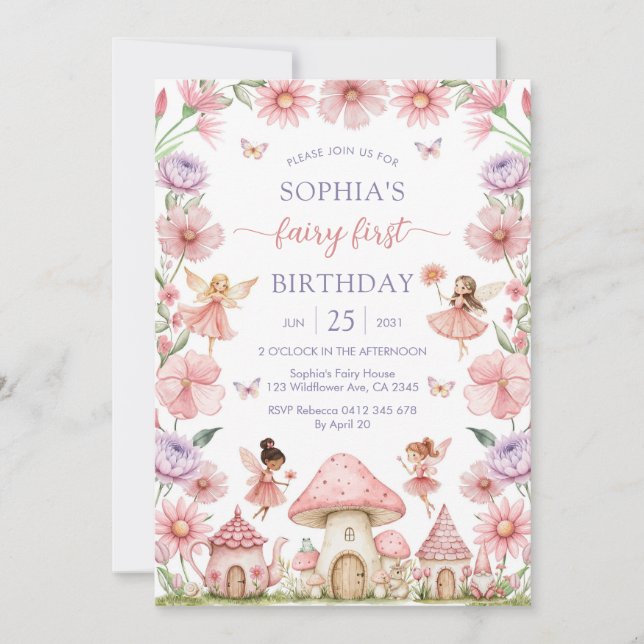 Invitation Pink Girl Floral Fairy First 1st Birthday (Devant)