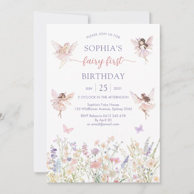 Invitation Pink Girl Floral Fairy First 1st Birthday (Devant)