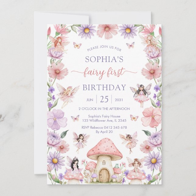 Invitation Pink Girl Floral Fairy First 1st Birthday (Devant)