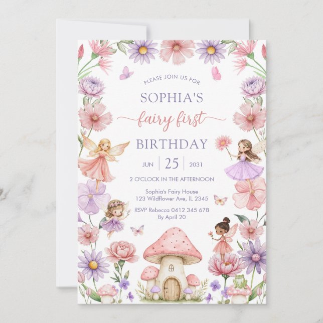 Invitation Pink Girl Floral Fairy First 1st Birthday (Devant)