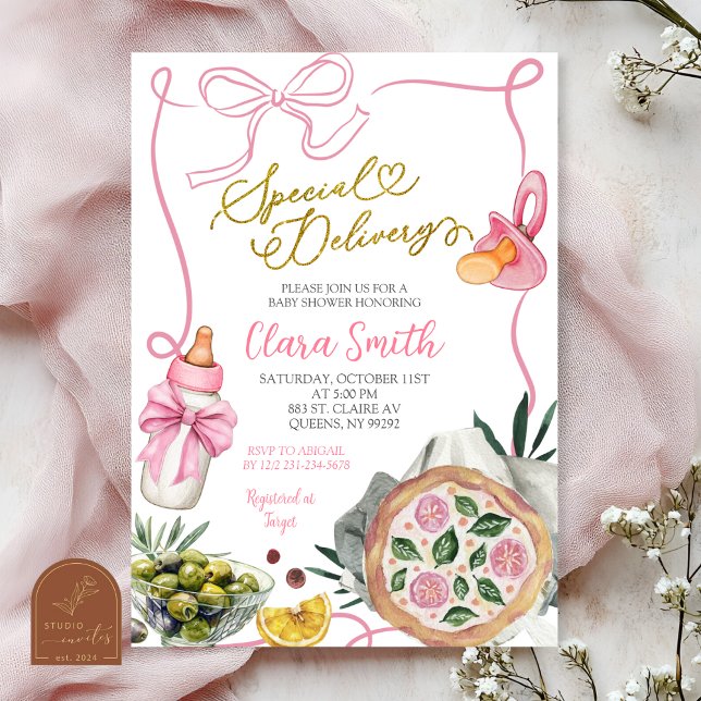 Invitation Pink Girl Special Delivery Italian Baby Shower (Créateur téléchargé)