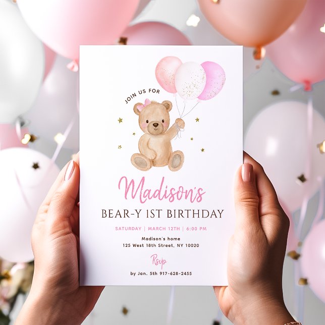 Invitation Pink Girl Teddy Bear Balloon First Birthday (Créateur téléchargé)