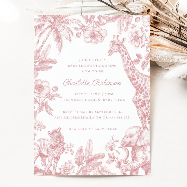 Invitation Pink Girl Toile Safari Élégant Baby shower (Pink Girl Toile Safari Elegant Baby Shower Invitation)