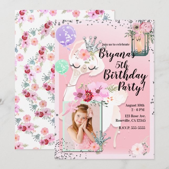Invitation Pink Glam Diva Llama Princesse Anniversaire Photo (Devant / Derrière)