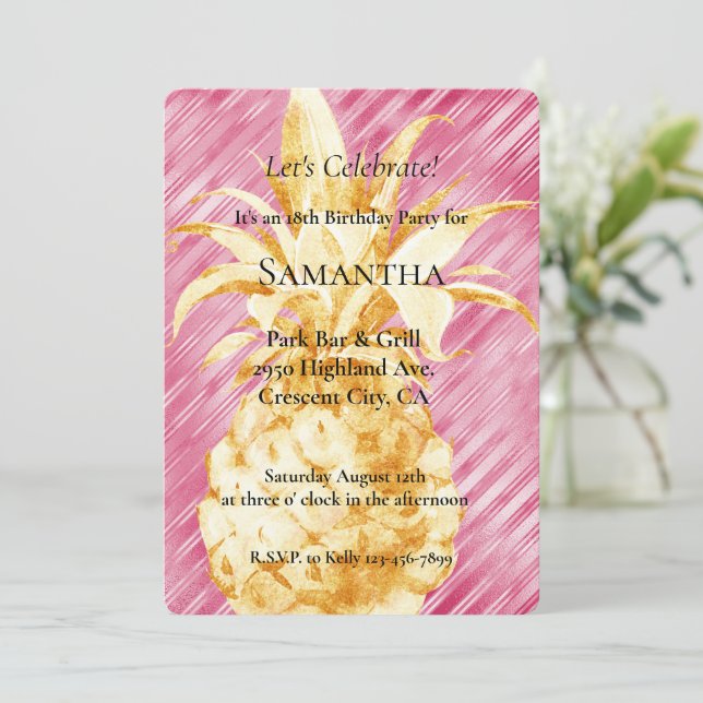 Invitation Pink Glam Stripes Or Anniversaire de l'ananas (Debout devant)