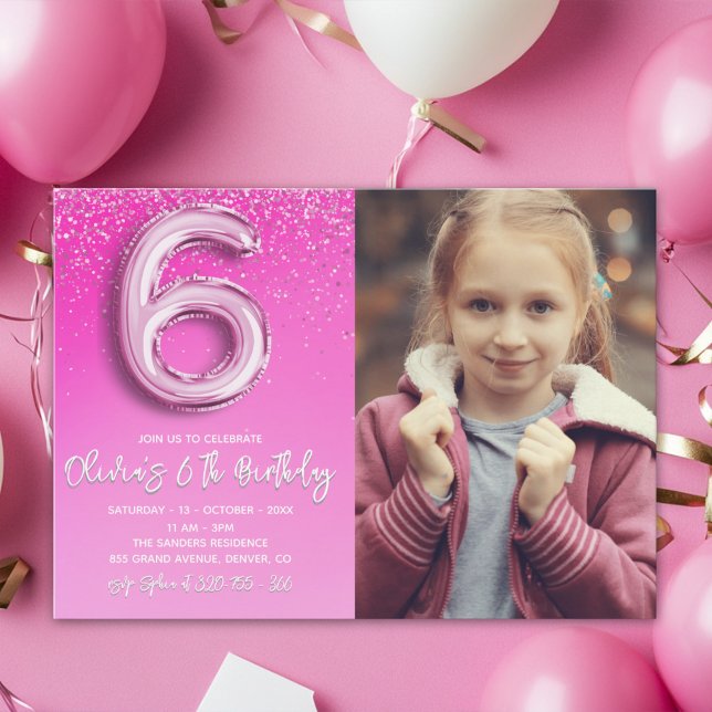 Invitation Pink Glitter 6th Birthday for Girl with Photo (Créateur téléchargé)