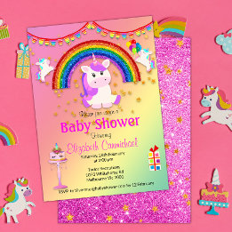 Invitation Pink Glitter and Rainbow Unicorn Baby Shower