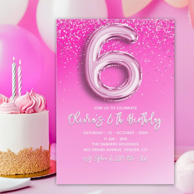 Invitation Pink Glitter Ballon Numer - 6th Birthday for Girls (Créateur téléchargé)