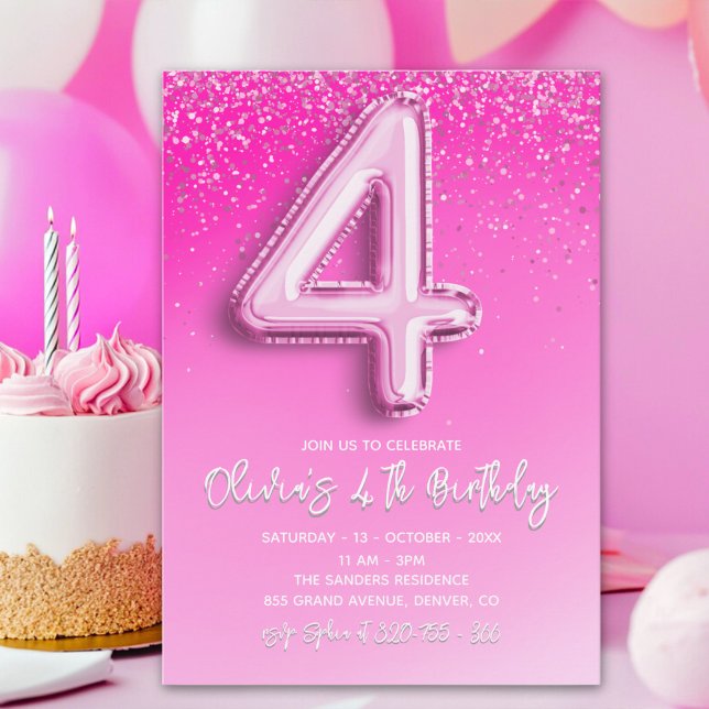 Invitation Pink Glitter Balloon 4th Birthday for Girls (Créateur téléchargé)