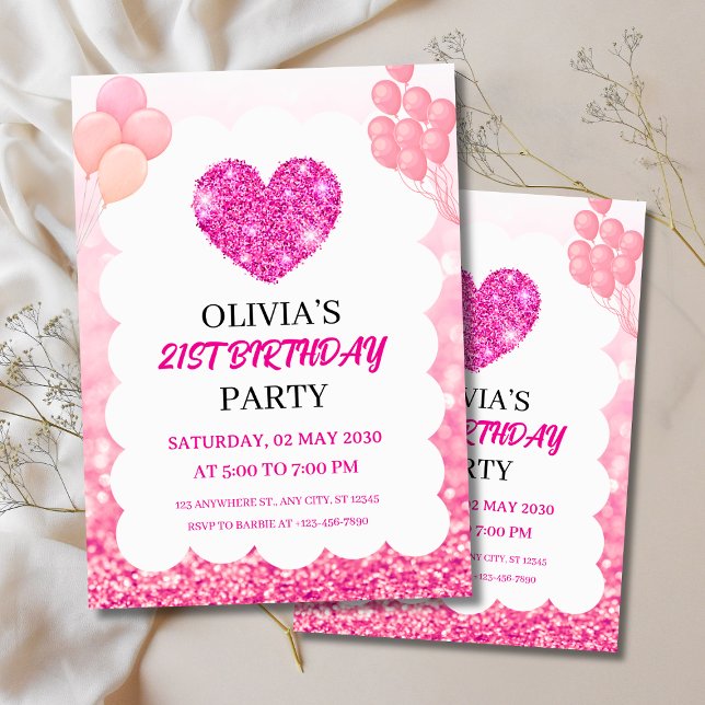 Invitation Pink Glitter & Balloons Birthday Party  (Pink Glitter & Balloons Birthday Party Invitation
)