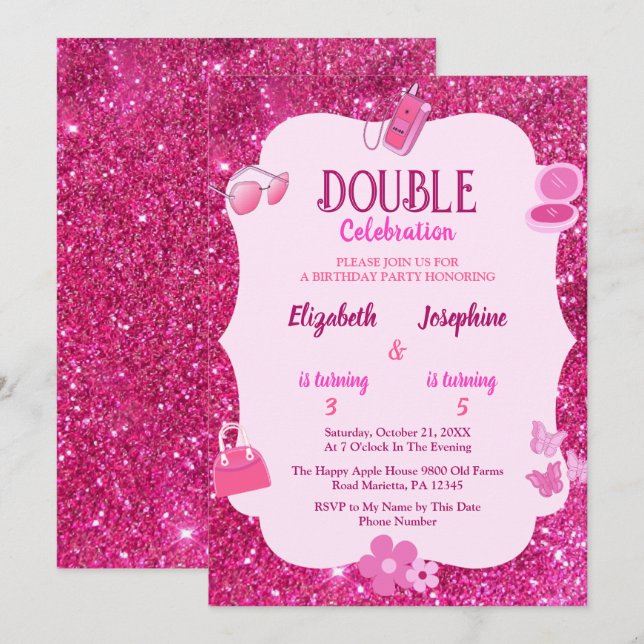 Invitation Pink Glitter Double Birthday Party For Girls  (Devant / Derrière)