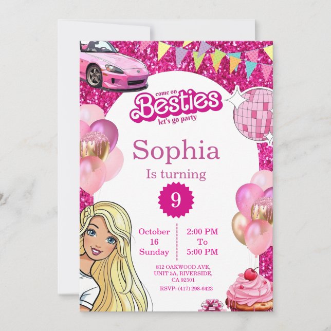 Invitation Pink Glitter Fashion Doll Birthday Invite (Devant)