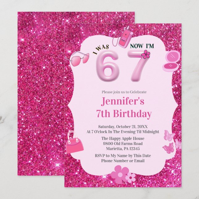 Invitation Pink Glitter Girl 7th Birthday Was 6 Now 7 (Devant / Derrière)