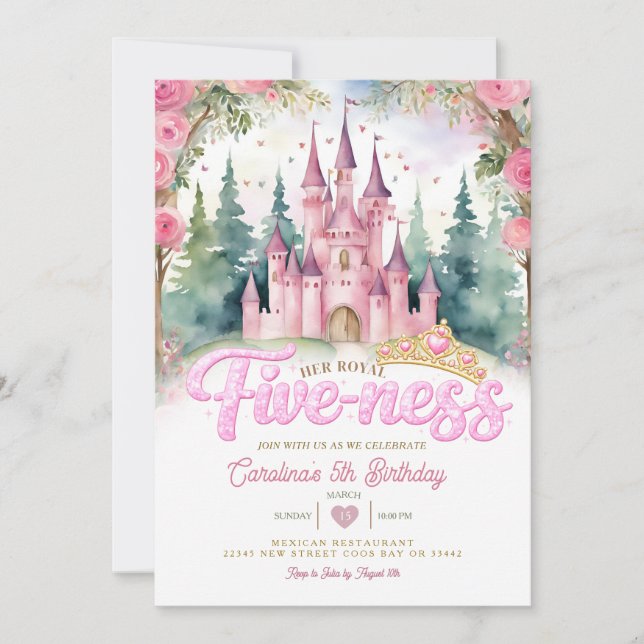 Invitation Pink Glitter Her Royal Five-ness Castle Birthday (Devant)