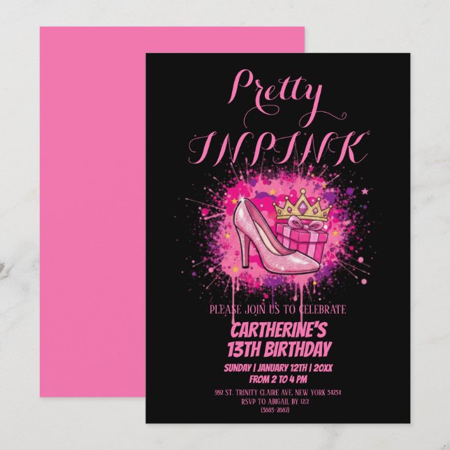 Invitation Pink Glitter Pretty in Pink Birthday Party  (Devant / Derrière)