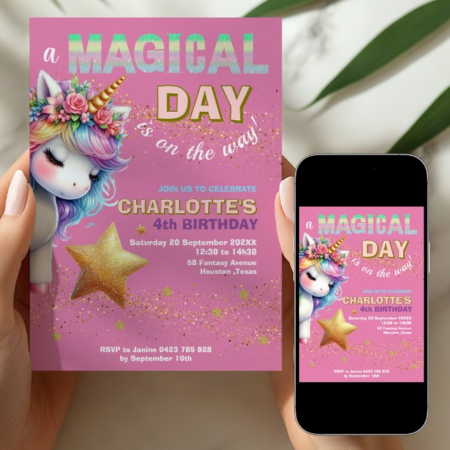 Invitation Pink Glitter rainbow unicorn 4th birthday  (Créateur téléchargé)