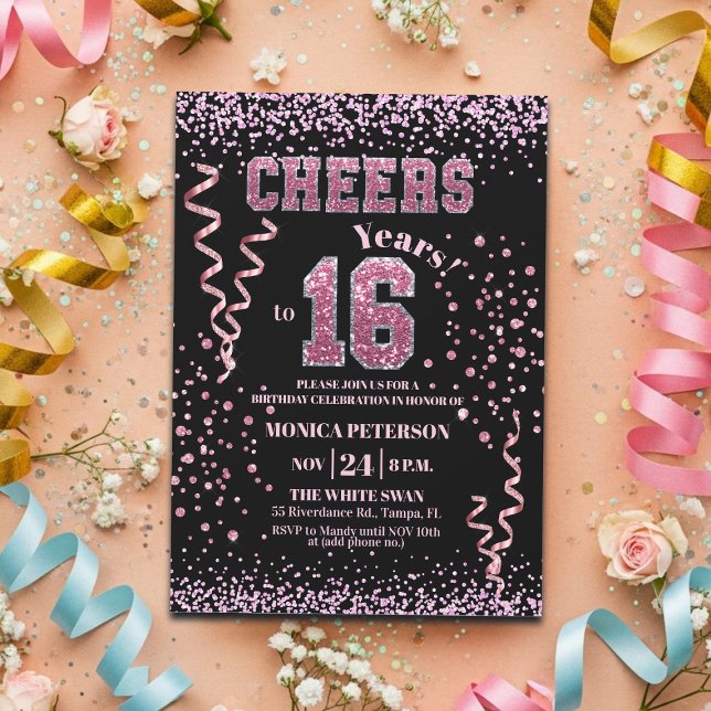 Invitation Pink Glitter Rhinestones 16th Birthday Party  (Créateur téléchargé)