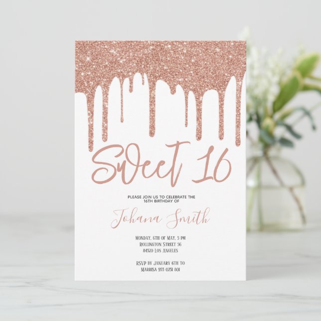 Invitation Pink Glitter Sweet Sixteen Girl Birthday Party (Debout devant)