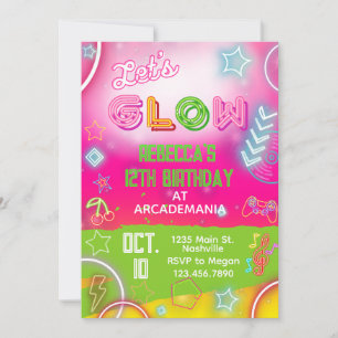 Invitation Pink GLOW Anniversaire Jeux Arcade Party Glow Neon
