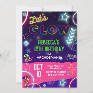 Invitation Pink GLOW Anniversaire Jeux Arcade Party Glow Neon