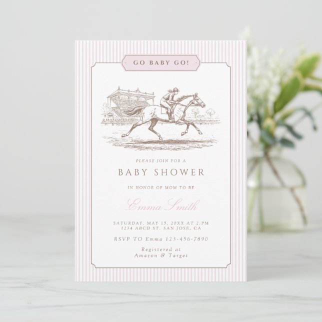 Invitation Pink Go Baby Go Derby Baby Shower Preppy Classic  (Debout devant)