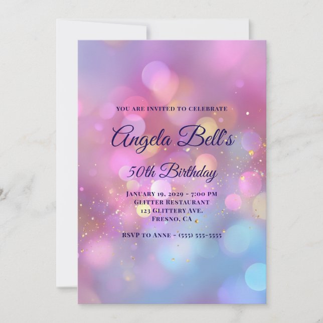 Invitation Pink Gold and Blue Bokeh 50th Birthday (Devant)