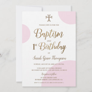 Invitation Pink Gold Arménienne croix fille Baptême 1er anniv